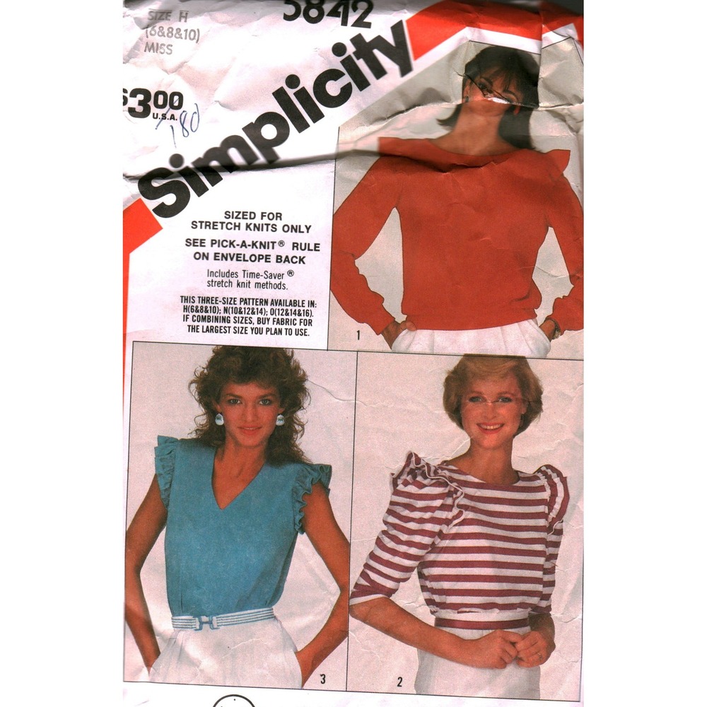 Vintage Simplicity 5842 Sewing Pattern Misses Knit Tops Ruffle Sleeve Sz 6 8 10